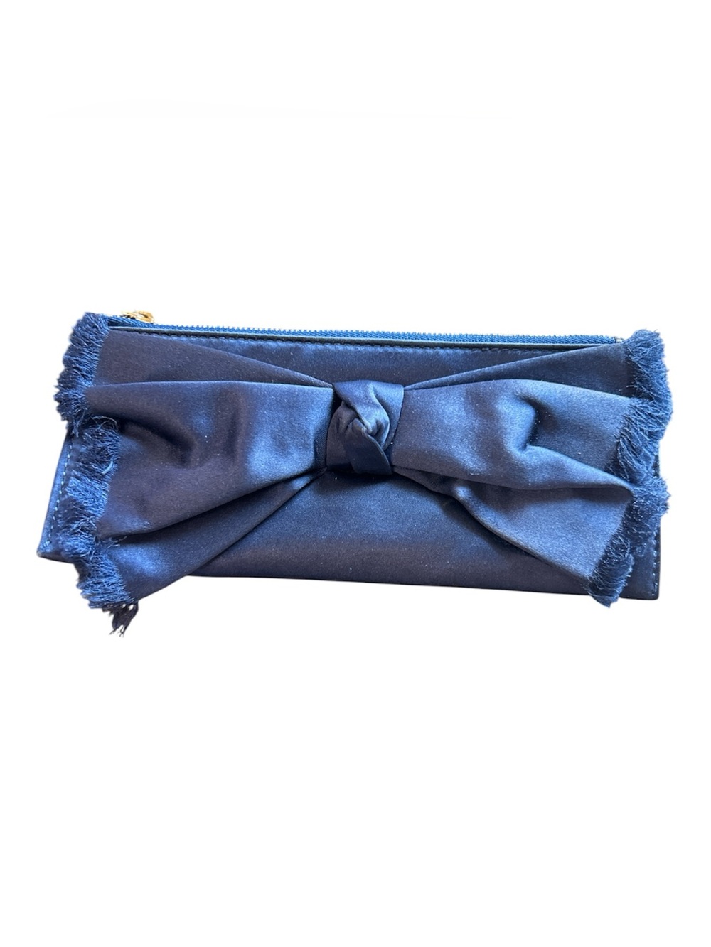 Kate Spade royal blue/navy zippered clutch large satin fringe bow 9 x 4“